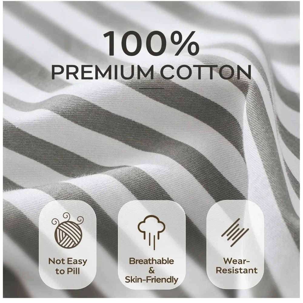 100% Natural Cotton Striped Standard Pillowcases Set 2 Pack White Khaki Jellymon